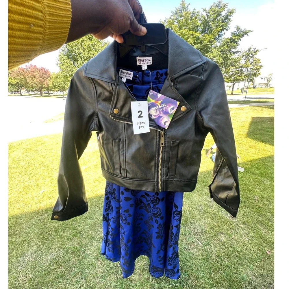 Blueberi‎ Boulevard Girls Faux Leather Moto Jacket And Floral Dress Set Size 10